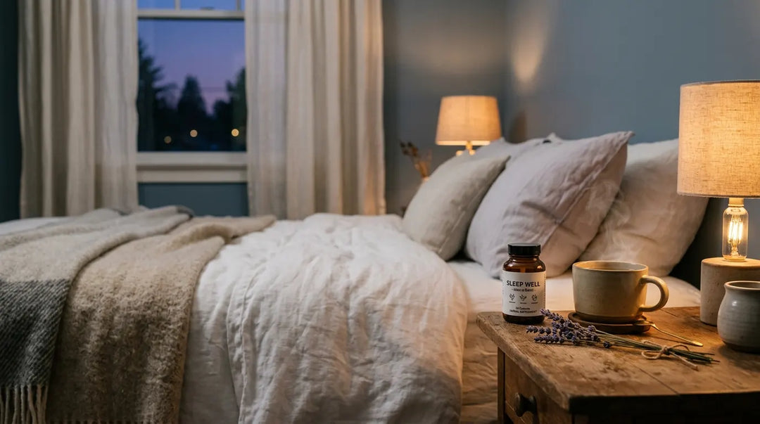 Peaceful twilight bedroom with lavender, herbal tea, and supplements on nightstand beside white bedding