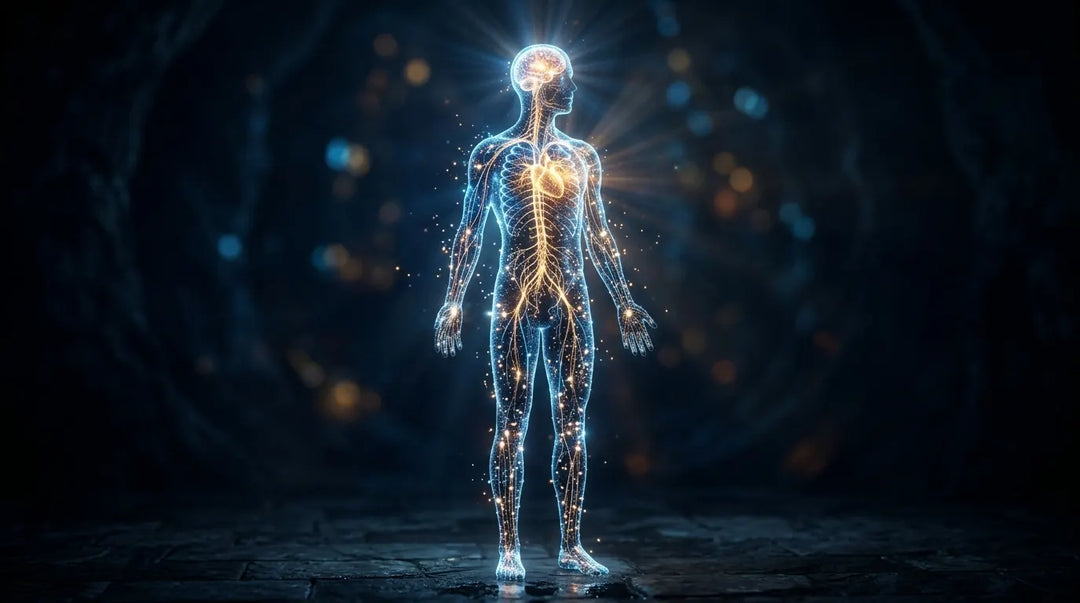 Glowing translucent human figure with illuminated neural pathways and cellular energy, evoking biological wonder