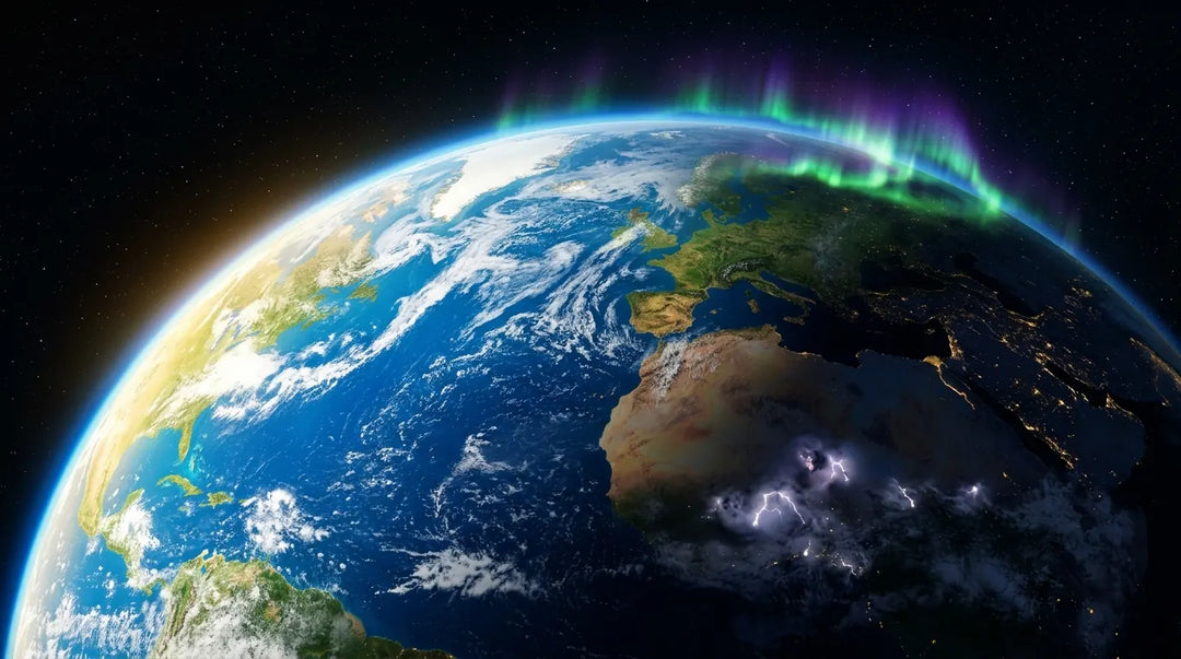 Earth from orbit showing aurora borealis, lightning storms, and glowing atmosphere against space