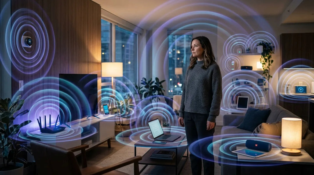 Person in modern living room surrounded by glowing electromagnetic waves from electronic devices, contemplative mood