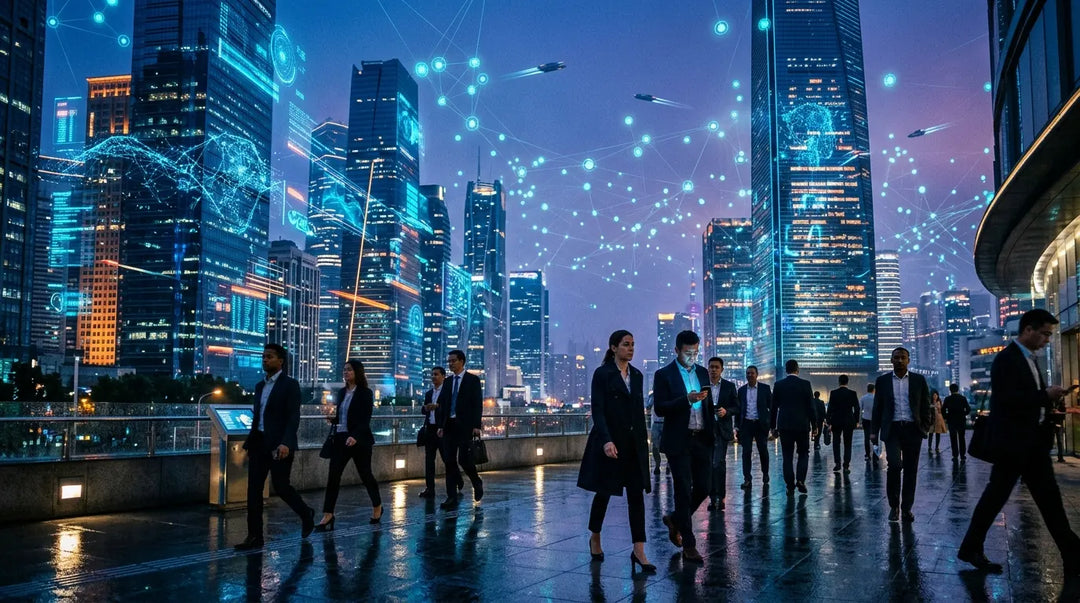 Futuristic twilight cityscape with glowing data streams and smart infrastructure, cinematic and contemplative mood