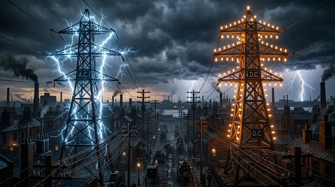 Dramatic electrical towers with competing blue and amber currents against stormy industrial skyline
