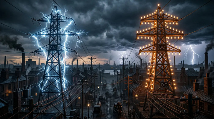 Dramatic electrical towers with competing blue and amber currents against stormy industrial skyline