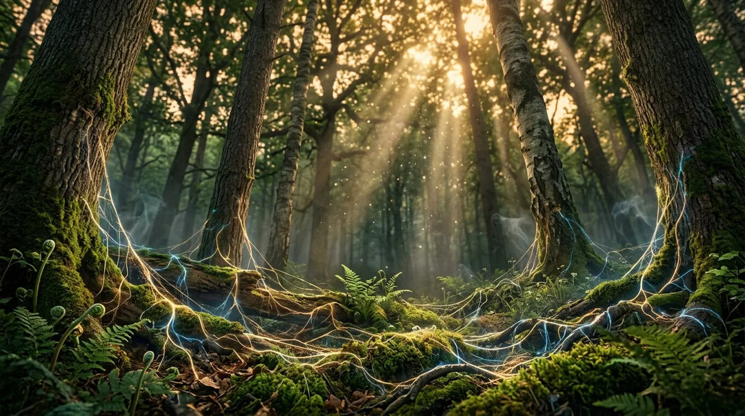 Enchanted forest floor with glowing mycelium networks connecting ancient trees in golden light