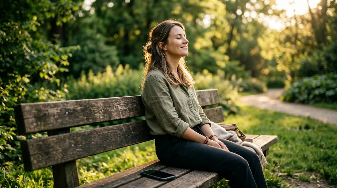Person peacefully resting on park bench with phone placed face-down beside them