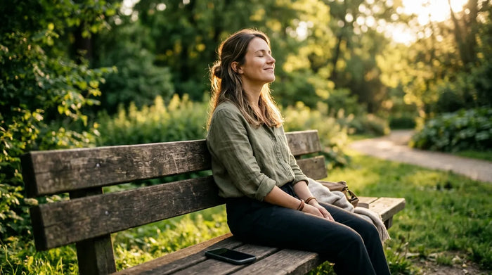 Person peacefully resting on park bench with phone placed face-down beside them