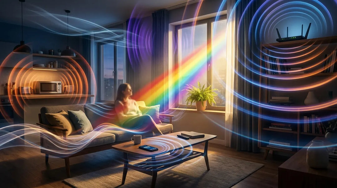 Glowing electromagnetic spectrum waves flowing through a modern living room, dramatic and ethereal