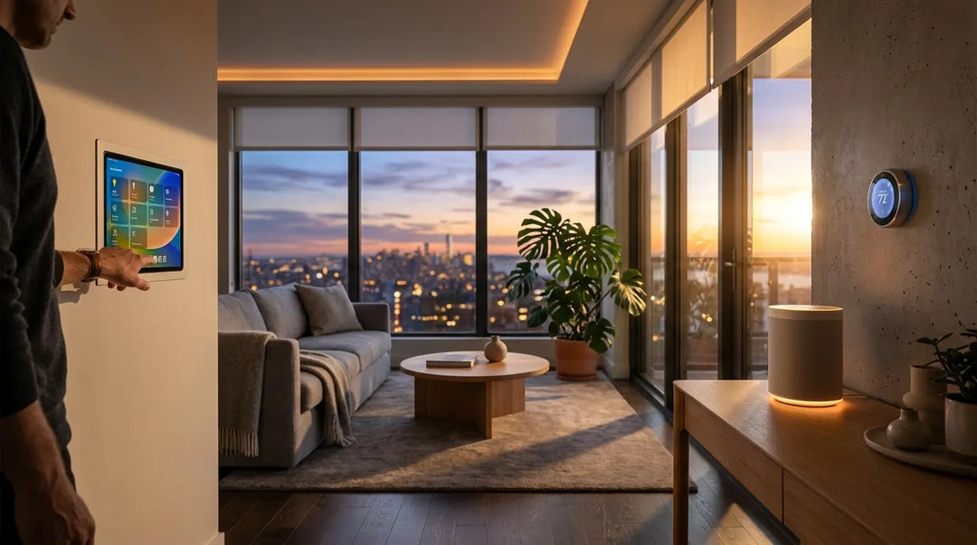 Modern living room at twilight with smart speaker, thermostat, and automated lighting devices glowing warmly