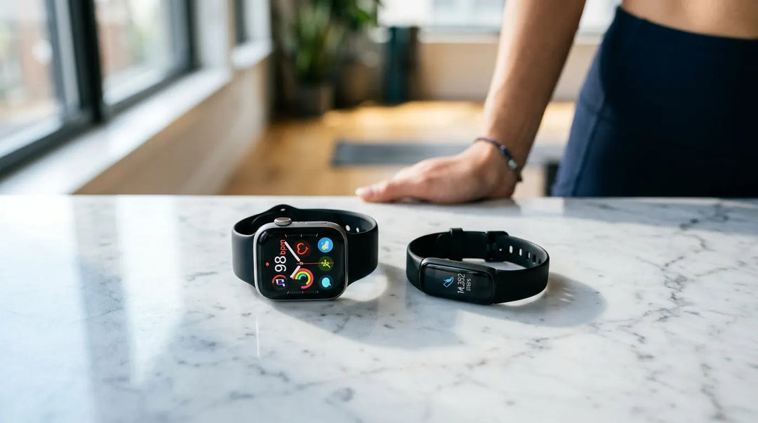Smartwatch and fitness tracker side by side on marble surface in warm natural light