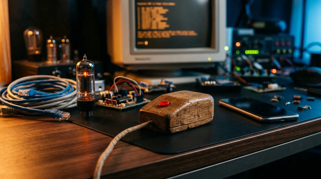 Vintage wooden computer mouse among retro and modern tech artifacts, dramatic lighting