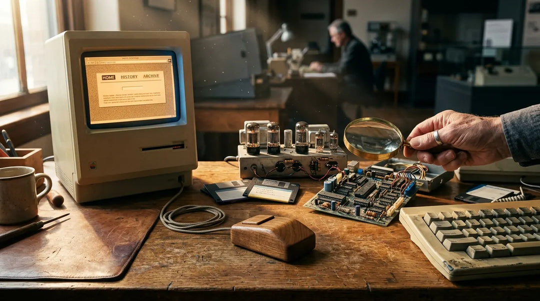 Vintage tech artifacts including early mouse and CRT monitor on wooden desk, warm nostalgic lighting