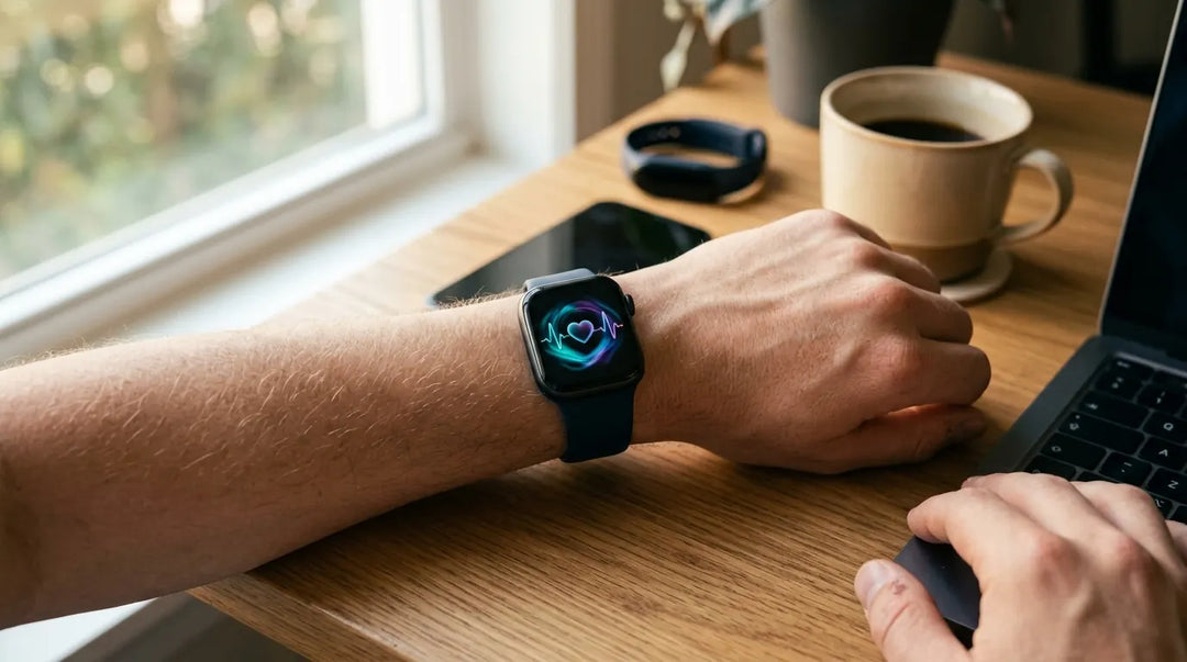 Fitness smartwatch displaying heart rate data on wrist at desk, contemplative analytical mood