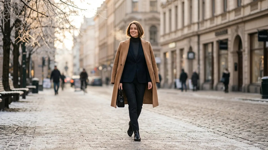 Woman in camel coat layered over black turtleneck and trousers on urban street