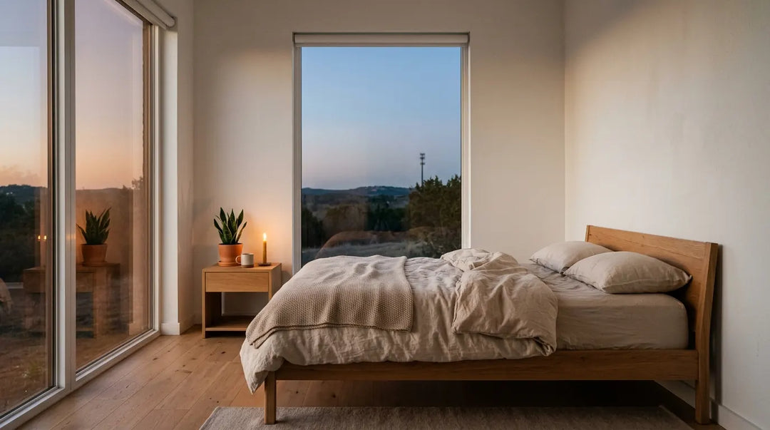 Serene minimalist bedroom with shielded windows and warm lighting at twilight, sanctuary-like calm