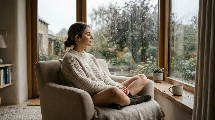 Person sitting serenely by rain-streaked window in soft morning light, contemplative mood