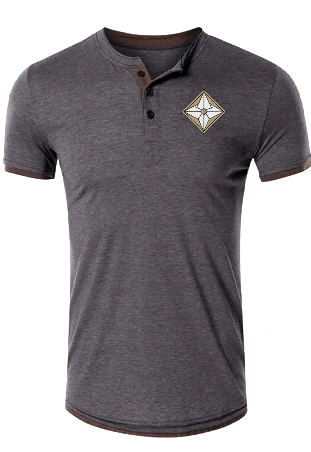 Gray polo shirt with brown trim and geometric diamond emblem on chest