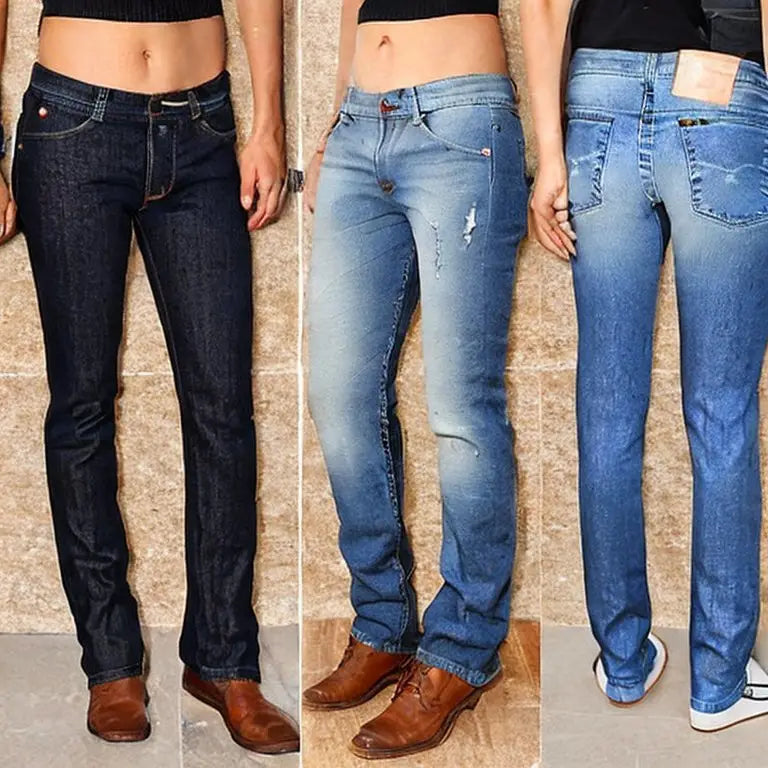 Three women wearing different denim jeans styles in dark and light blue washes