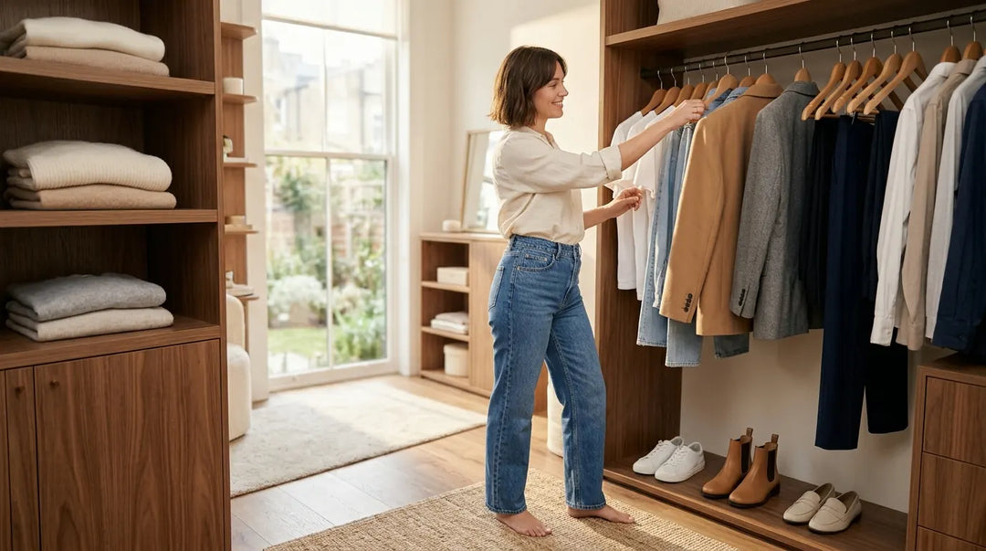 Woman browsing organized closet with clothing on wooden hangers and folded items on shelves