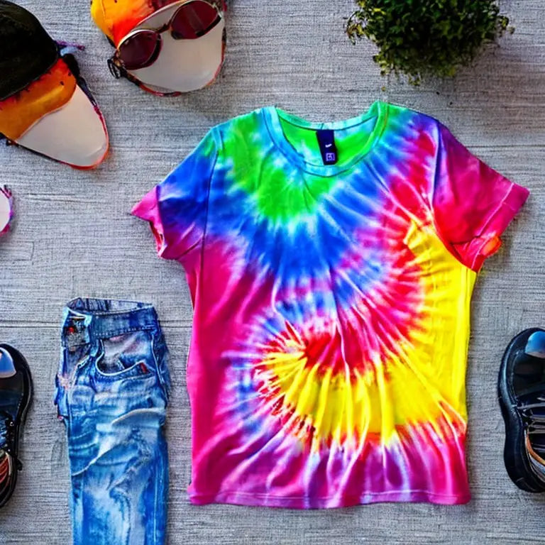 Vibrant tie-dye t-shirt with spiral pattern in pink, blue, yellow, green colors