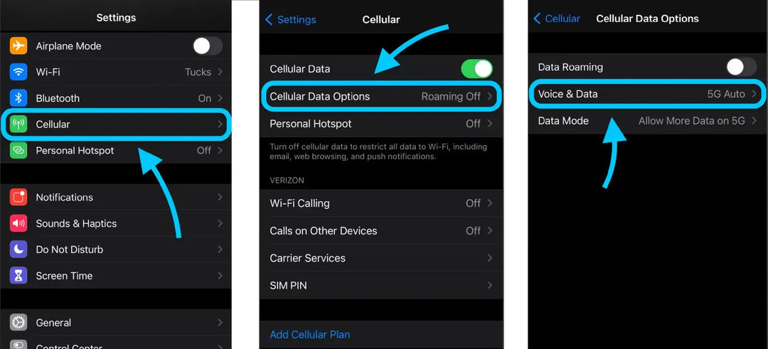 iPhone Settings screens showing Cellular Data Options and Data Mode menu with 5G settings