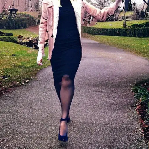 Woman walking in black heels down a park path wearing pink jacket and dark dress