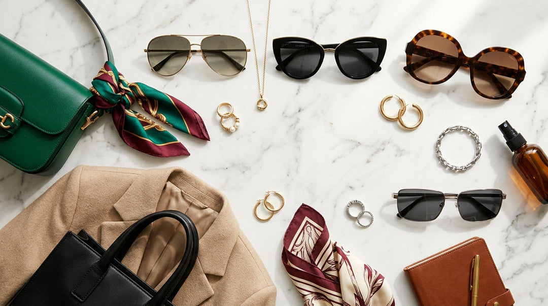 Five sunglasses styles displayed with accessories including bags, scarves, rings, and jewelry on marble surface