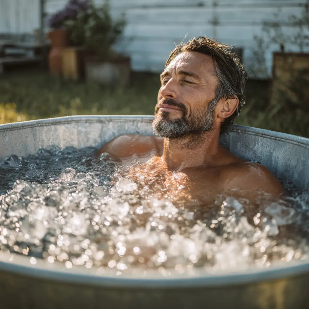 Man soaking in large metal tub filled with ice water outdoors