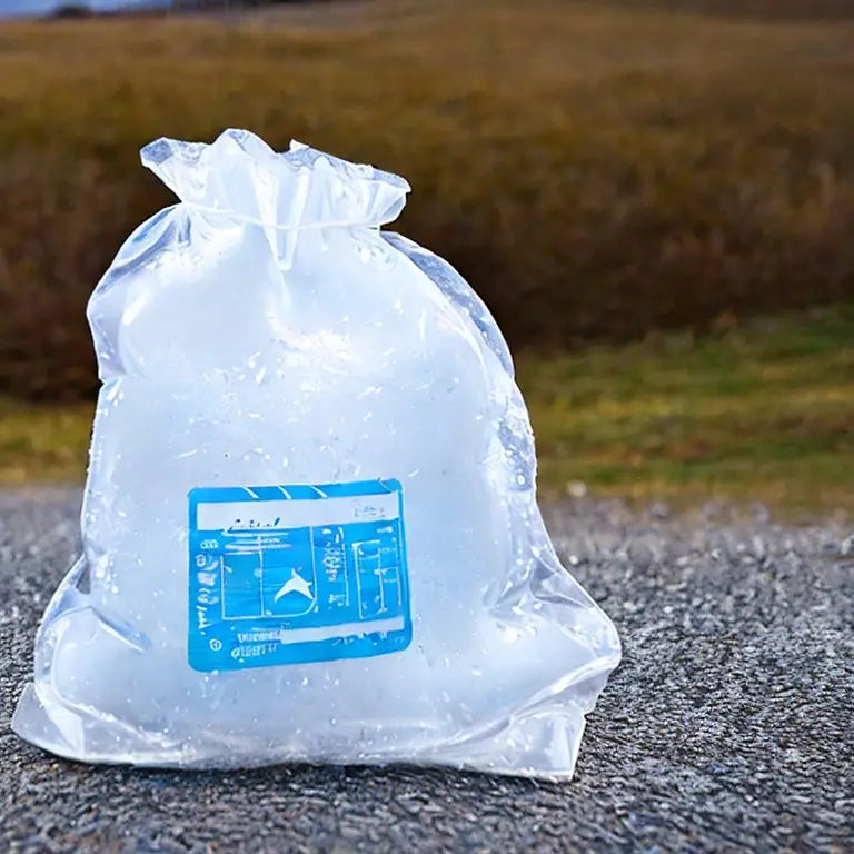 Clear plastic bag filled with ice sitting on asphalt outdoor surface