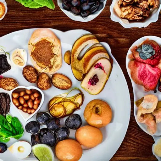 Overhead flat lay of various whole foods including fresh fruits, vegetables, nuts, and legumes arranged on white plates against dark wood surface