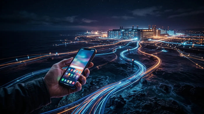 Hand holding glowing smartphone with undersea cables and data centers visible in dramatic background