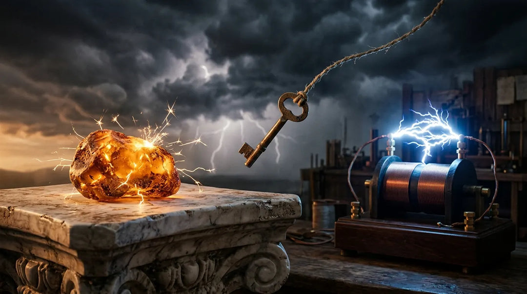Ancient amber, brass key, and Faraday coil with electrical sparks against stormy sky
