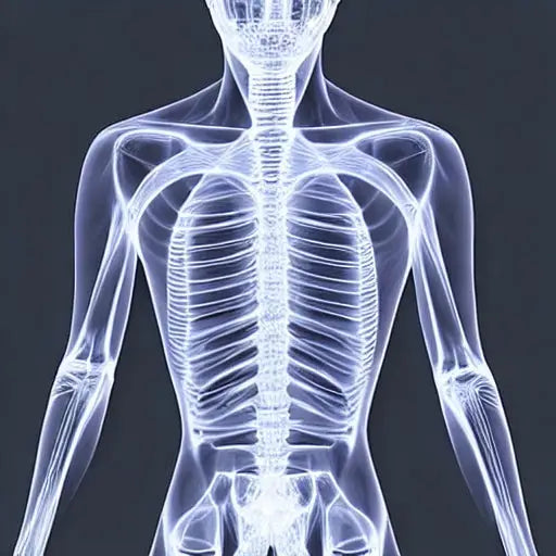 X-ray style skeletal anatomy showing bones and spine structure