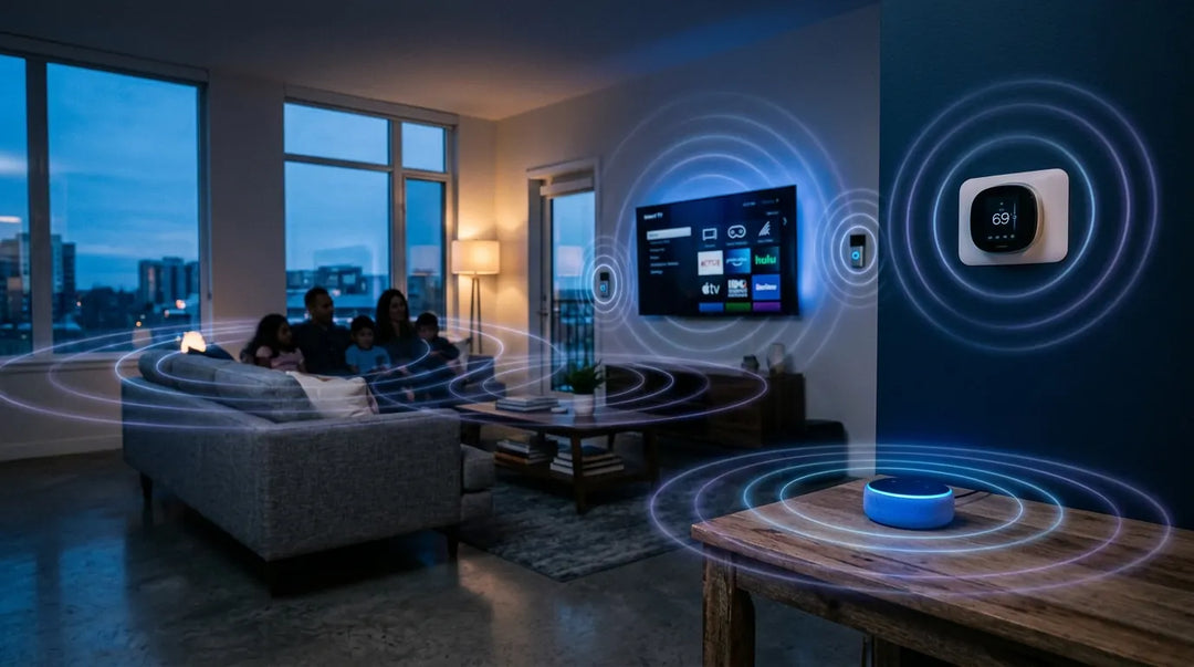 Modern living room filled with glowing smart devices emitting subtle electromagnetic wave ripples, ominous mood