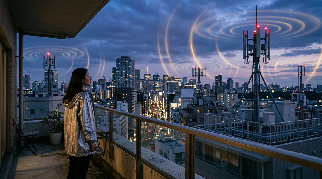 Person on urban balcony facing cell towers at twilight, contemplative and dramatic mood