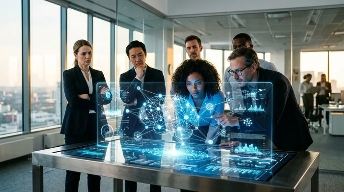 Professionals contemplating a glowing neural network hologram in modern office, mixed emotions visible