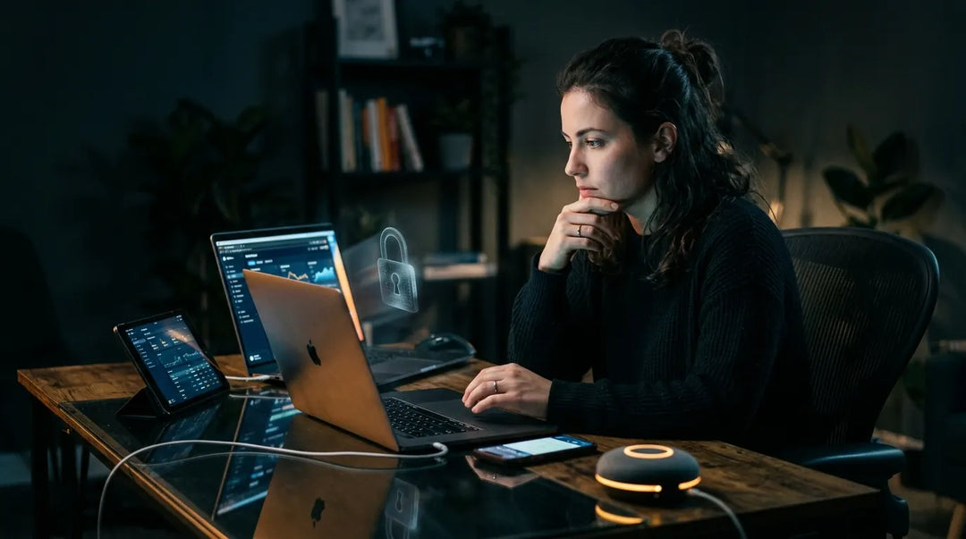 Person contemplating multiple glowing AI devices at night desk, moody cautious atmosphere