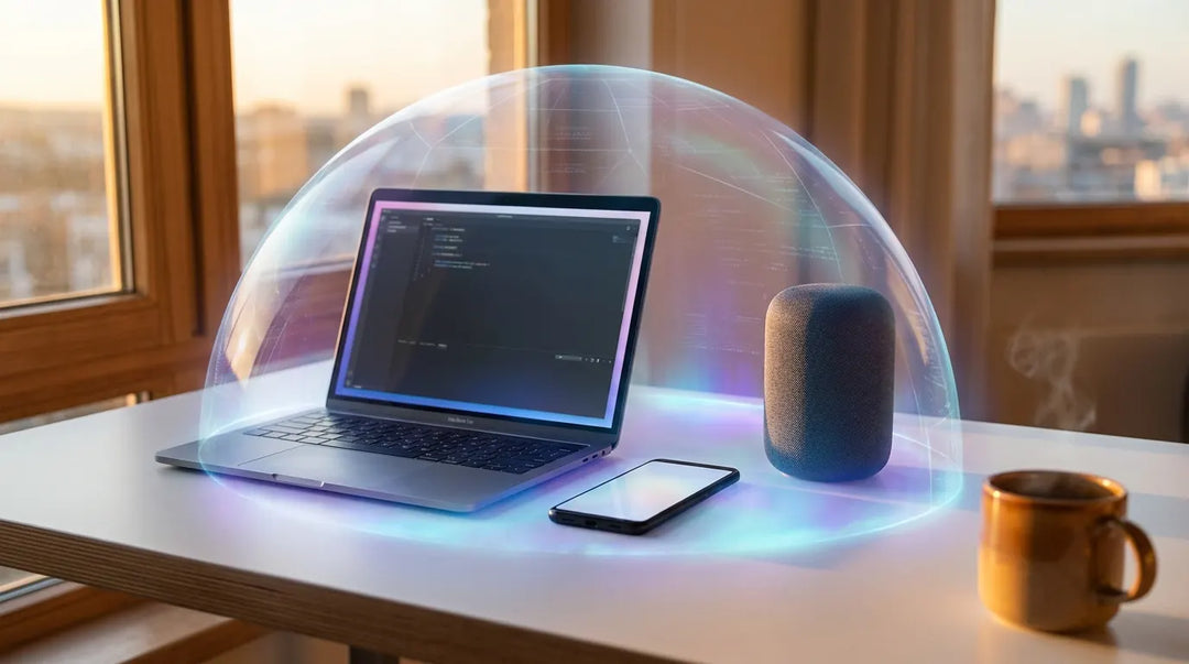Glowing AI devices on minimalist desk with protective light shield, warm ambient atmosphere