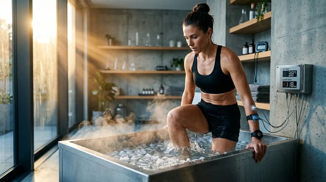 Person entering ice bath in modern wellness space with dramatic light and rising mist
