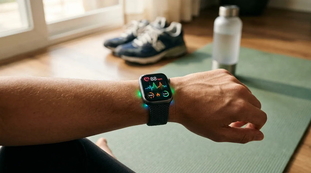 Smartwatch on wrist displaying biometric data with fitness gear in soft morning light