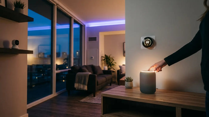 Modern living room at dusk with glowing smart speaker, thermostat, and security camera creating contemplative mood