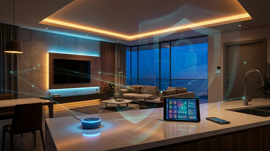Modern smart home living room at dusk with connected devices and subtle glowing network lines suggesting security concerns