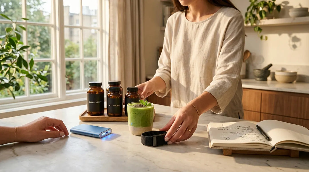 Curated biohacking morning routine on minimalist kitchen counter with smoothie, supplements, and wearable tracker in warm lig