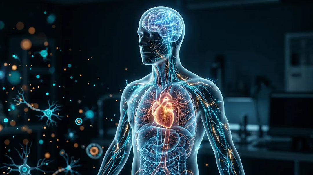 Glowing translucent human figure revealing illuminated neural pathways and internal organs against dark background