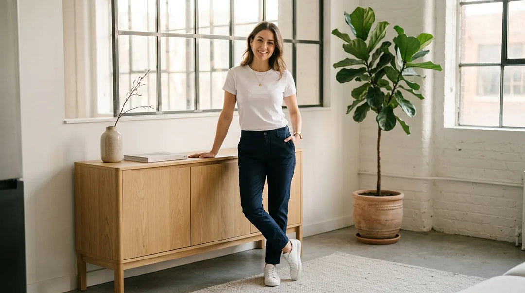 Confident professional in minimalist casual outfit standing in sunlit modern loft space