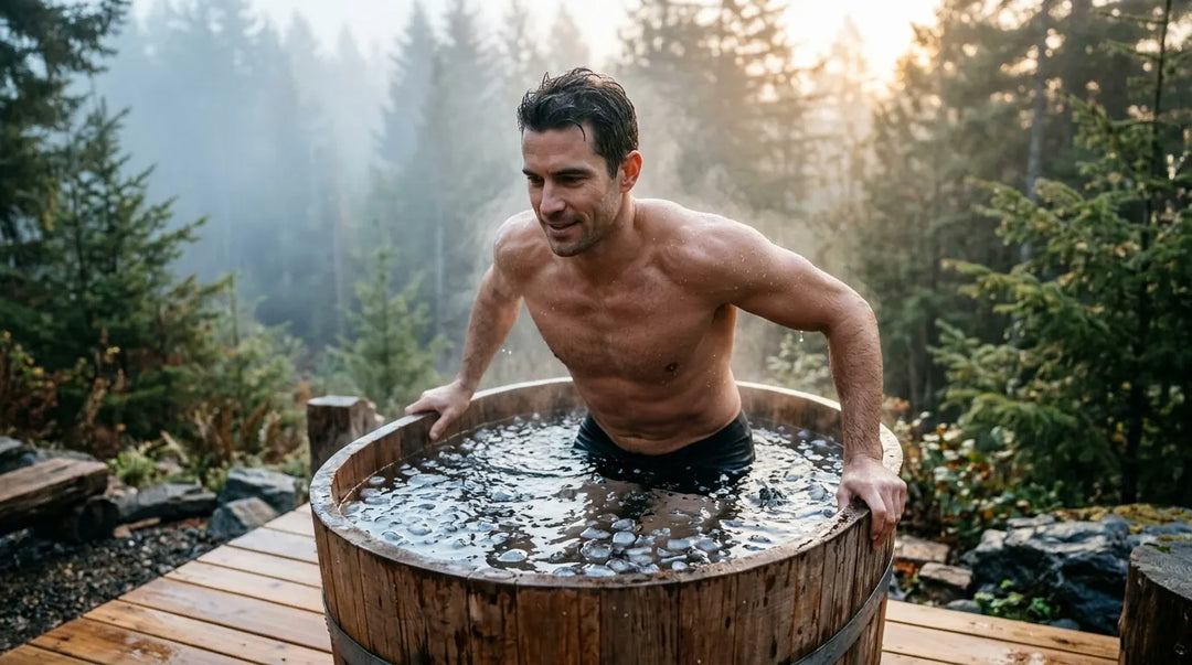 Person lowering into an ice-filled wooden cold plunge tub at misty dawn outdoors