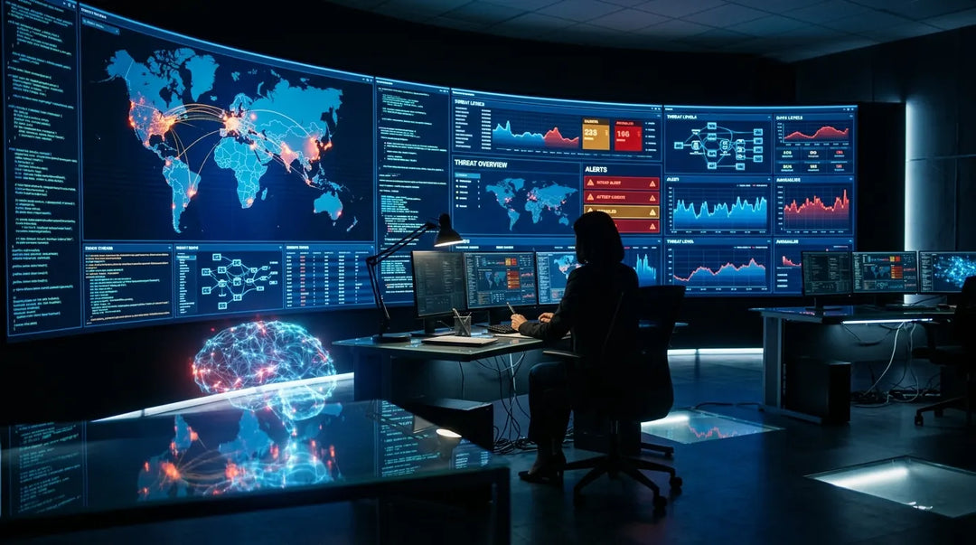 Cybersecurity analyst silhouetted against glowing threat monitoring screens in dark operations center, tense atmosphere