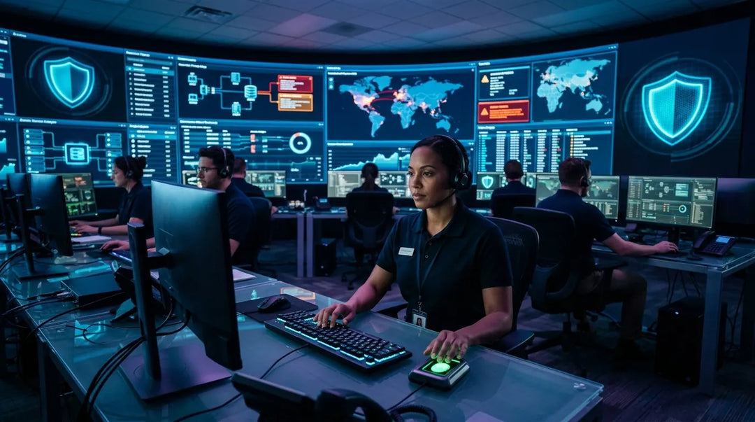 Cybersecurity operations center with analysts monitoring glowing threat displays in blue-lit room