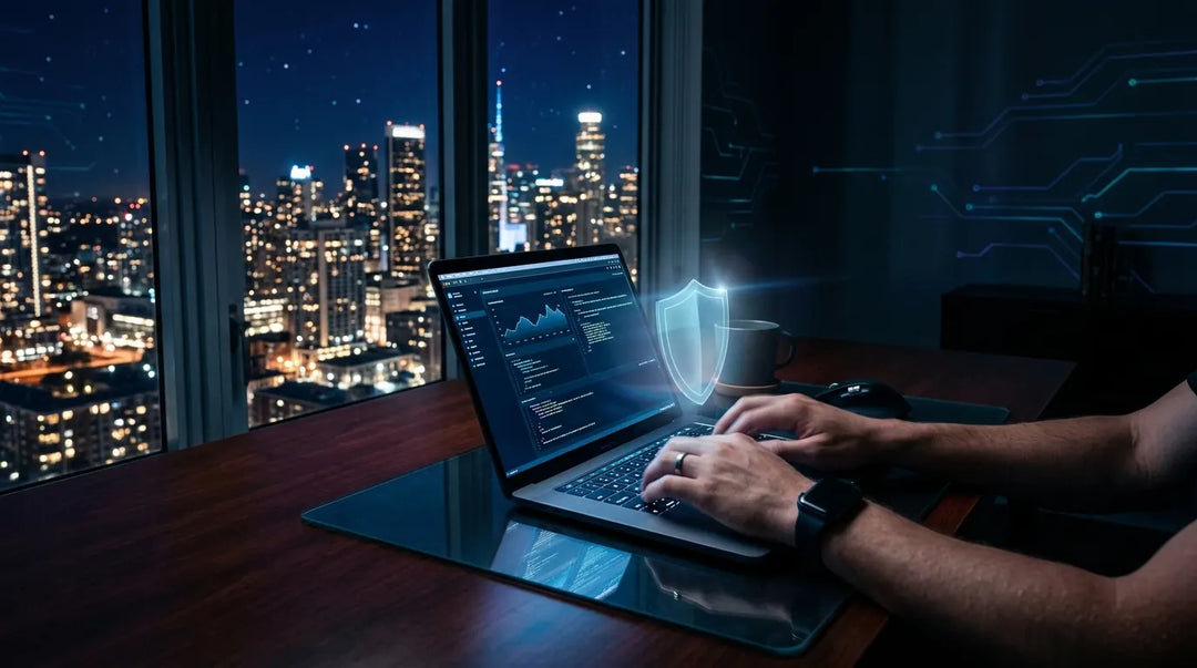 Glowing laptop with holographic shield icon on dark desk overlooking city at night, cybersecurity mood