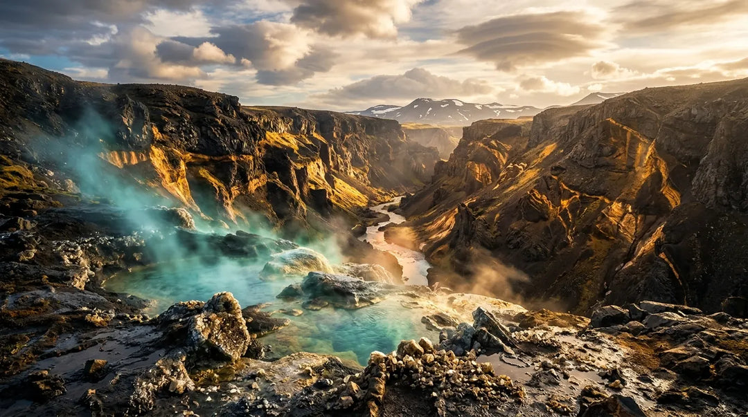 Volcanic canyon with gold mineral veins, glowing geothermal pools, and dramatic sky at golden hour
