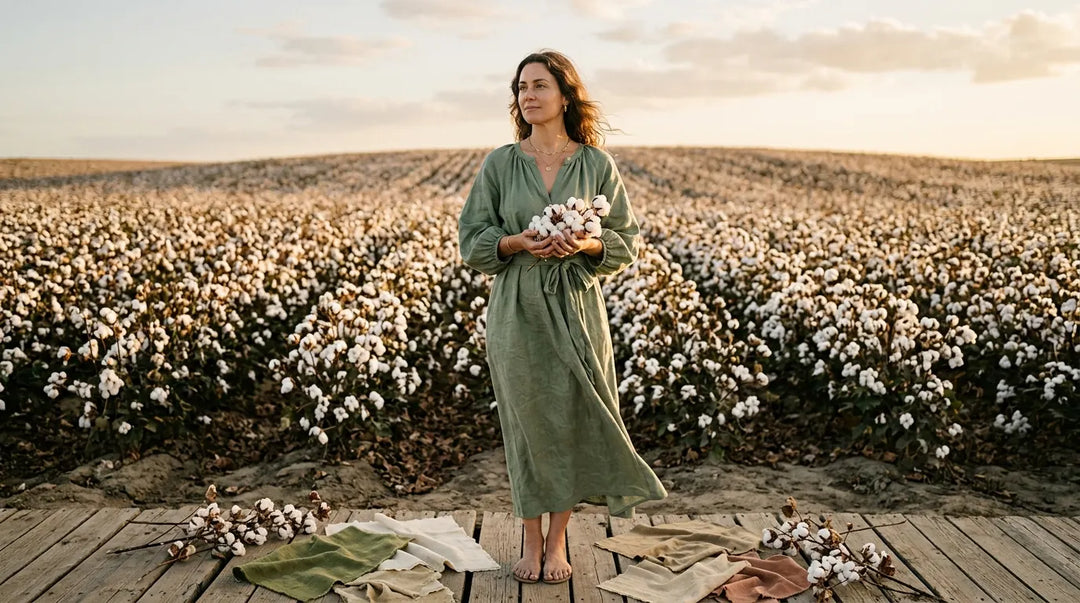 Woman in green linen dress standing in sunlit cotton field holding cotton bolls, contemplative mood